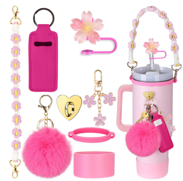 Wholesale Straw hat cup set cup chain colorful begonia flower key chain set